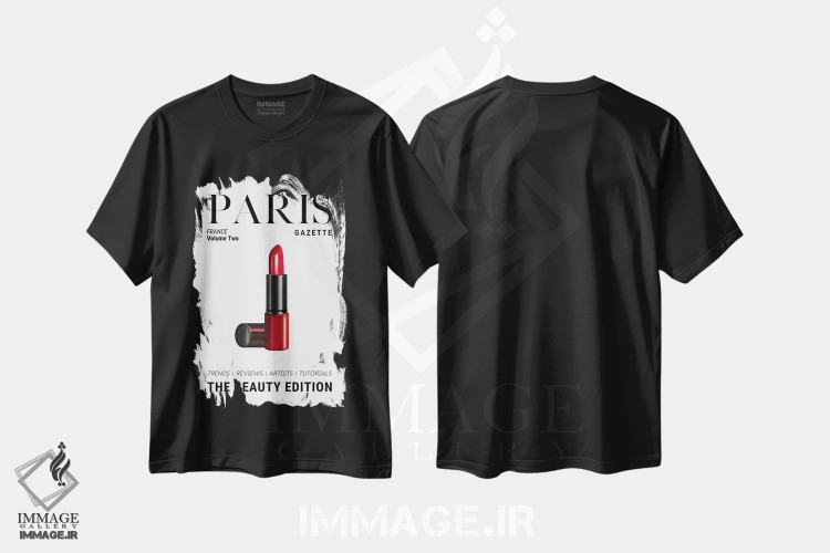 تیشرت مشکی طرح دار جلد مجله زیبایی پاریس گازت با رژ لب قرمز کلاسیک، هنر دیجیتال اثر پیج ترنر | immage.ir