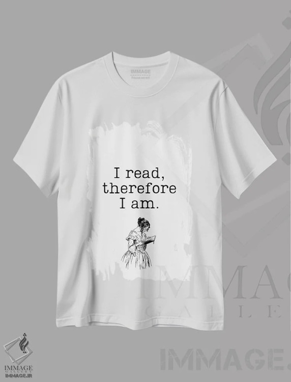 تیشرت سفید طرح دار کتاب می خوانم پس هستم، هنر تزئینی سیاه و سفید اثر پیج ترنر | immage.ir