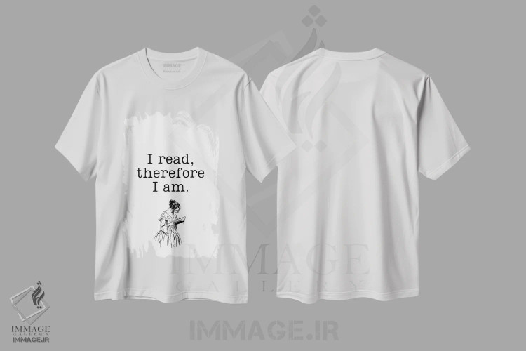 تیشرت سفید طرح دار کتاب می خوانم پس هستم، هنر تزئینی سیاه و سفید اثر پیج ترنر | immage.ir