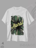 تیشرت سفید طرح دار آلوها نئونی! طرح هاوایی با نخل ها، تزئینی اثر پیج ترنر | immage.ir
