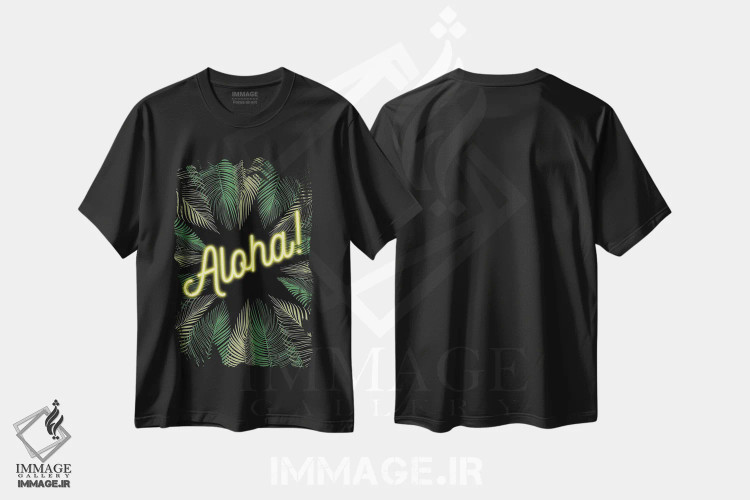 تیشرت مشکی طرح دار آلوها نئونی! طرح هاوایی با نخل ها، تزئینی اثر پیج ترنر | فروشگاه ایماژ