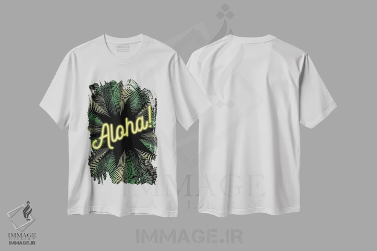 تیشرت سفید طرح دار آلوها نئونی! طرح هاوایی با نخل ها، تزئینی اثر پیج ترنر | immage.ir