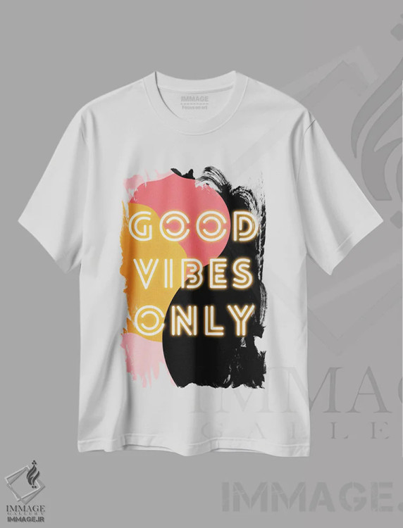 تیشرت سفید طرح دار "فقط انرژی مثبت نئونی" در صورتی رترو، هنر دیجیتال اثر پیج ترنر | فروشگاه ایماژ