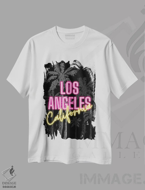 تیشرت سفید طرح دار طرح نئونی لس آنجلس کالیفرنیا بر روی پس زمینه نخل، هنر دیجیتال اثر پیج ترنر | immage.ir