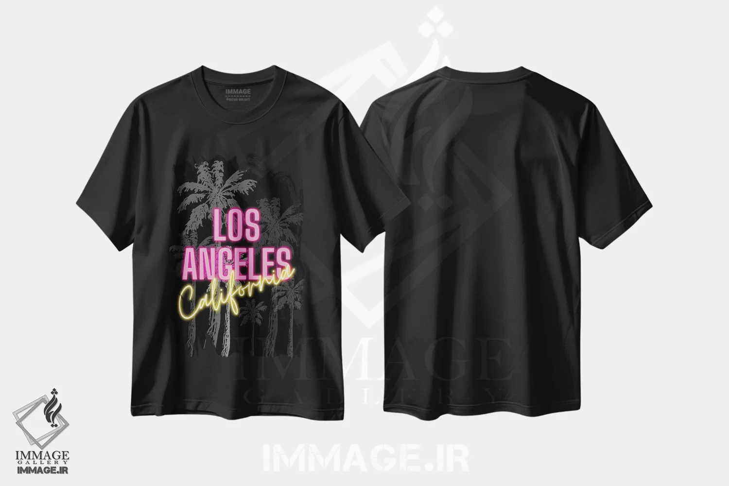 تیشرت مشکی طرح دار طرح نئونی لس آنجلس کالیفرنیا بر روی پس زمینه نخل، هنر دیجیتال اثر پیج ترنر | فروشگاه ایماژ