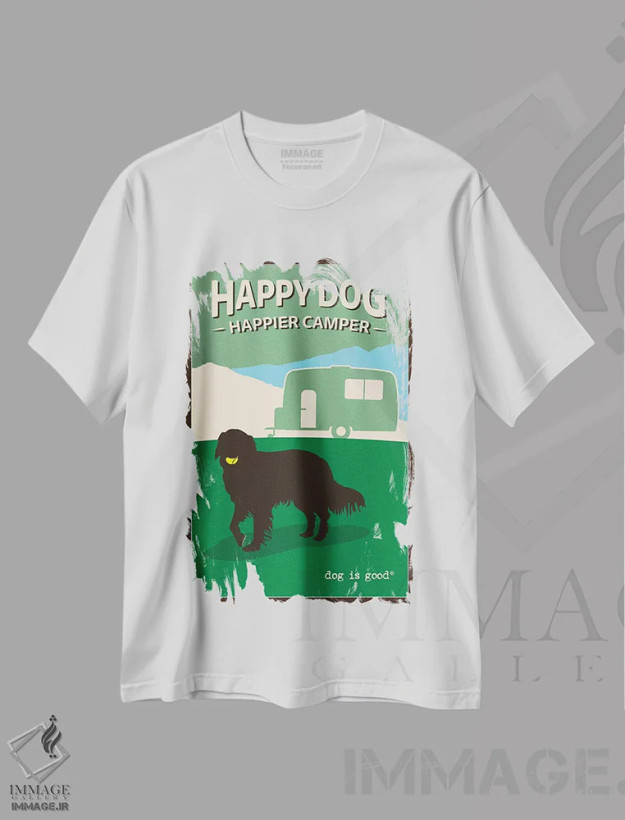 تیشرت سفید طرح دار سگ خوشحال، چادرنشین خوشحال تر، هنر دیجیتال اثر داگ ایز گود اند کت ایز گود | فروشگاه ایماژ