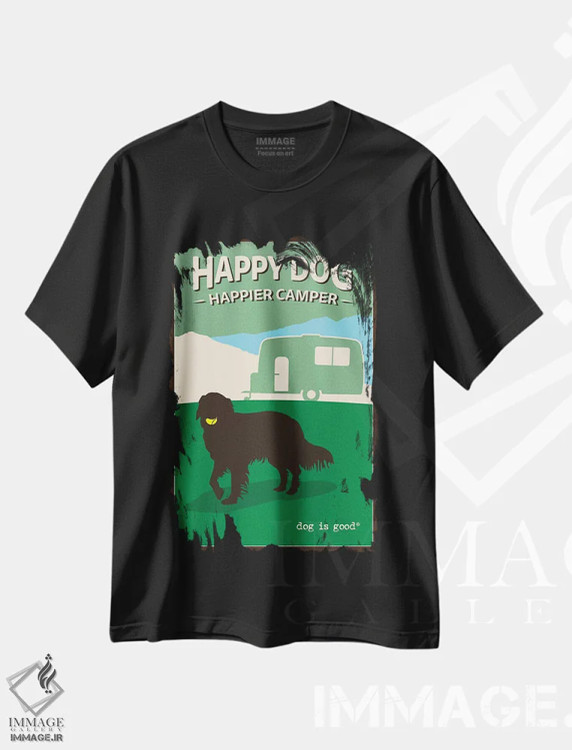 تیشرت مشکی طرح دار سگ خوشحال، چادرنشین خوشحال تر، هنر دیجیتال اثر داگ ایز گود اند کت ایز گود | immage.ir