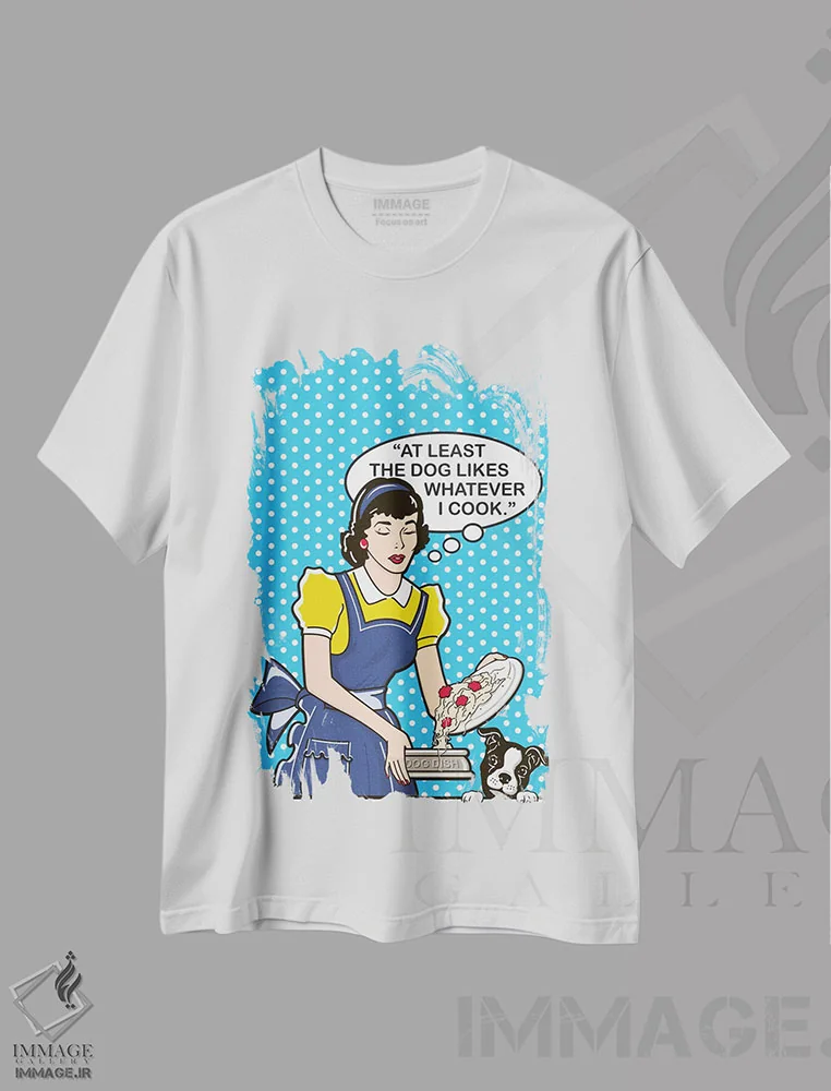 تیشرت سفید طرح دار سگ عاشق آشپزی است، هنر فاخر معاصر اثر داگ ایز گود اند کت ایز گود | فروشگاه ایماژ