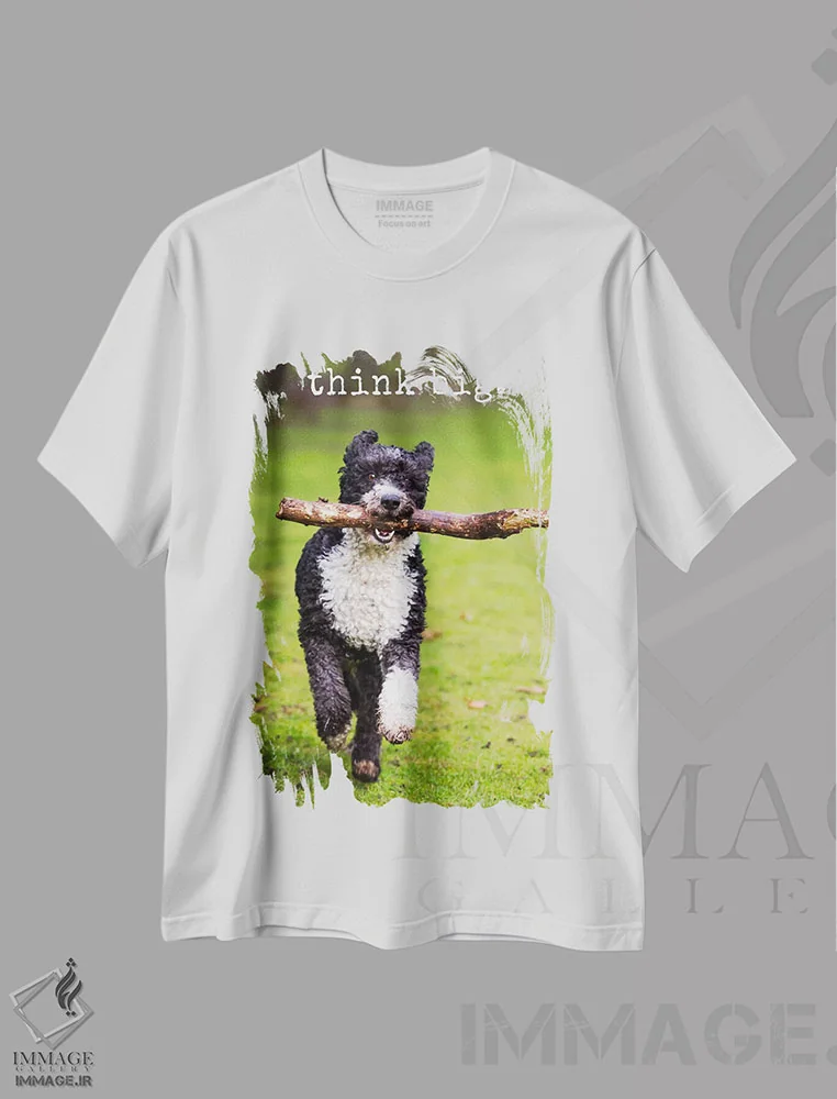 تیشرت سفید طرح دار بزرگ بیندیش، مدیوم اثر داگ ایز گود اند کت ایز گود | فروشگاه ایماژ