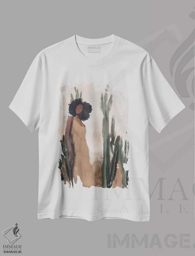 تیشرت سفید طرح دار دختر صحرا، هنر آمریکایی آفریقایی تبار اثر اندیله | فروشگاه ایماژ