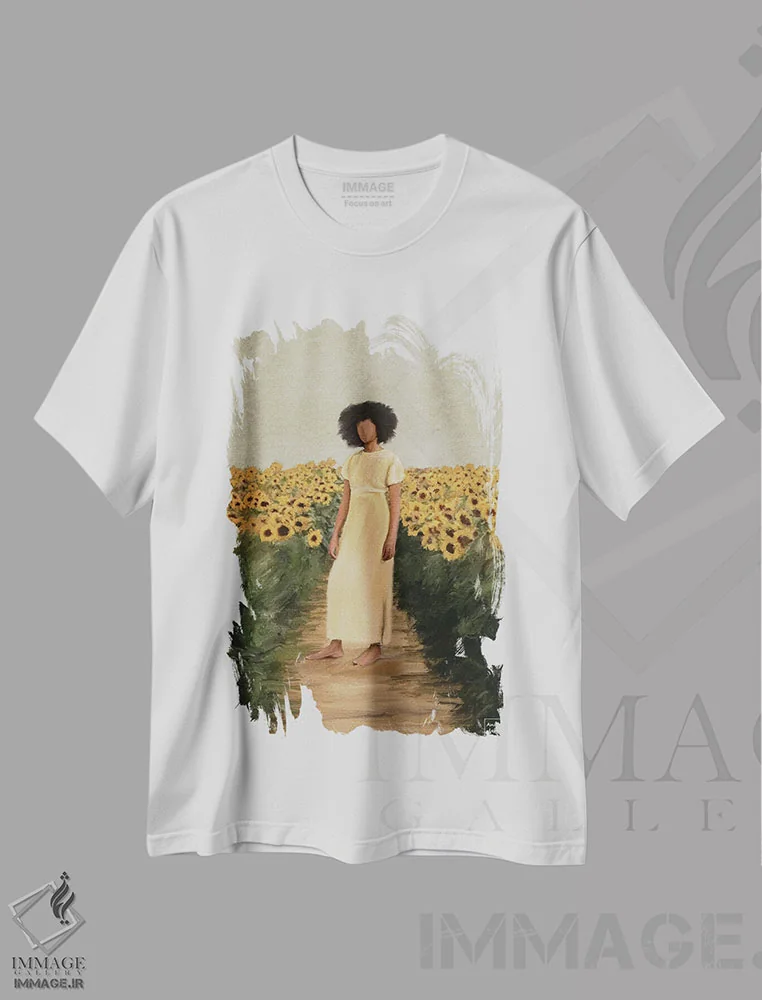 تیشرت سفید طرح دار دشت آفتابگردان، هنر آمریکایی آفریقایی تبار اثر اندیله | فروشگاه ایماژ