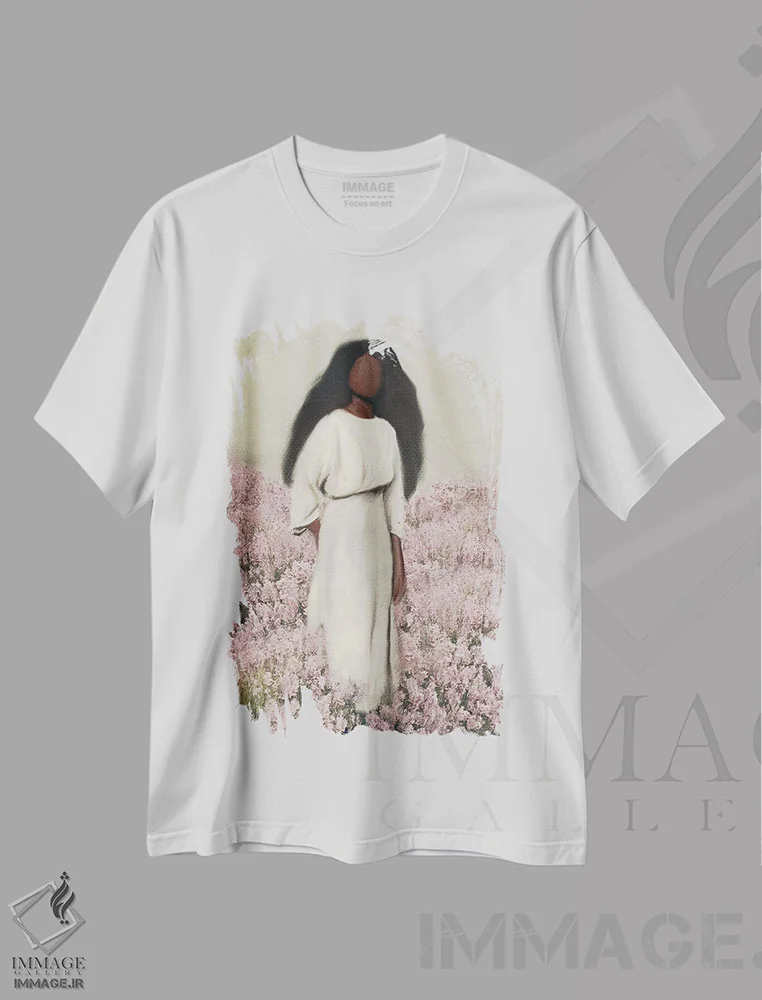 تیشرت سفید طرح دار باغ صورتی، هنر آمریکایی آفریقایی تبار اثر اندیله | فروشگاه ایماژ