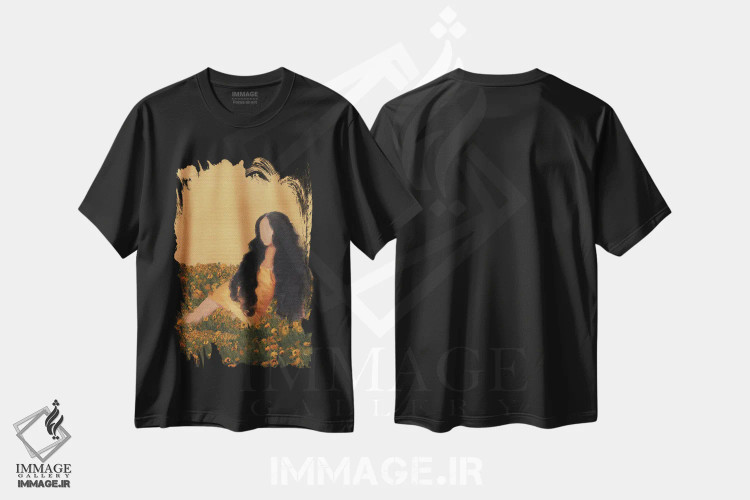 تیشرت مشکی طرح دار باغ پرتقال، هنر آمریکایی آفریقایی تبار اثر اندیله | فروشگاه ایماژ