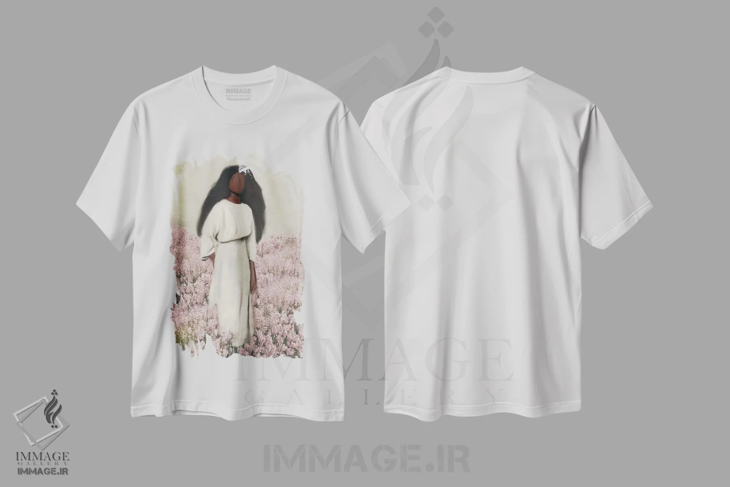 تیشرت سفید طرح دار باغ صورتی، هنر آمریکایی آفریقایی تبار اثر اندیله | فروشگاه ایماژ