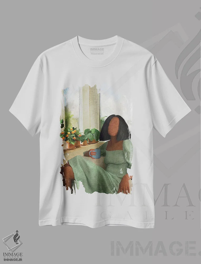 تیشرت سفید طرح دار لباس سبز، هنر آمریکایی آفریقایی تبار اثر اندیله | فروشگاه ایماژ