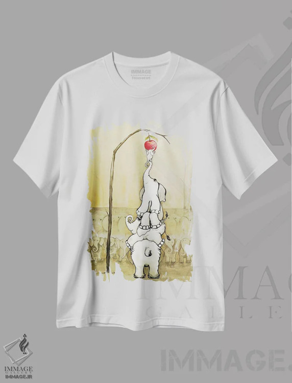 تیشرت سفید طرح دار فیل های خیال انگیز با سیب قرمز، تزئینی اثر دیان آرت | immage.ir