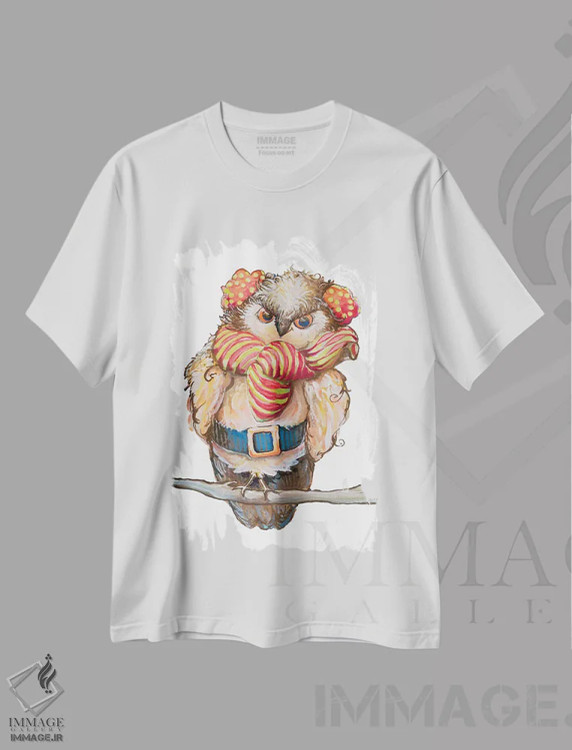 تیشرت سفید طرح دار جغد زمستانی دنج، هنر دیجیتال اثر دیان آرت | immage.ir