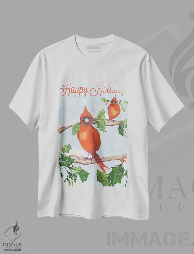 تیشرت سفید طرح دار پرندگان تعطیلات، تابلو و عبار ت های کریسمسی اثر دیان آرت | فروشگاه ایماژ