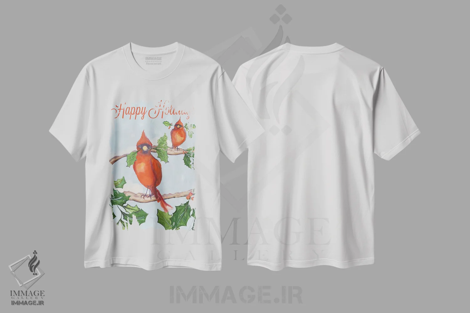 تیشرت سفید طرح دار پرندگان تعطیلات، تابلو و عبار ت های کریسمسی اثر دیان آرت | فروشگاه ایماژ