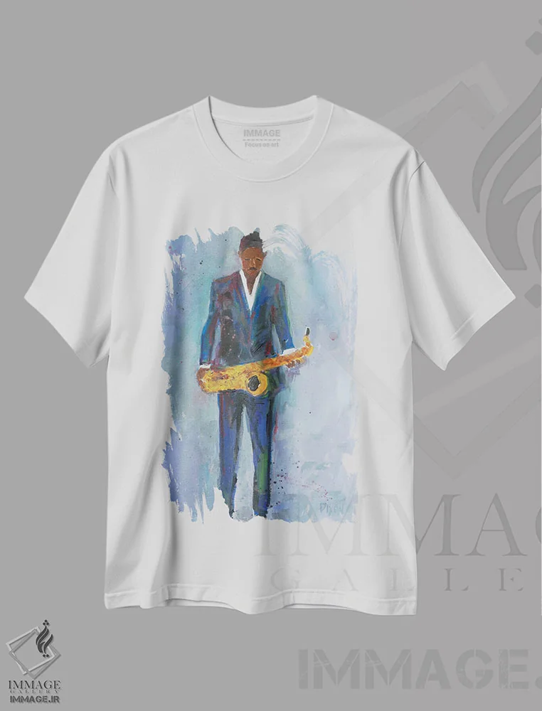 تیشرت سفید طرح دار ساکسیفون در لباس آبی، هنر آمریکایی آفریقایی تبار اثر ساموئل دیکسون | فروشگاه ایماژ