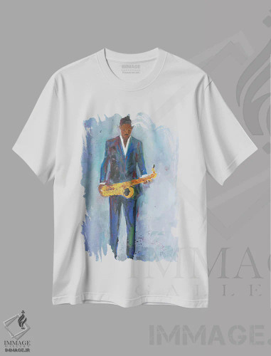 تیشرت سفید طرح دار ساکسیفون در لباس آبی، هنر آمریکایی آفریقایی تبار اثر ساموئل دیکسون | فروشگاه ایماژ