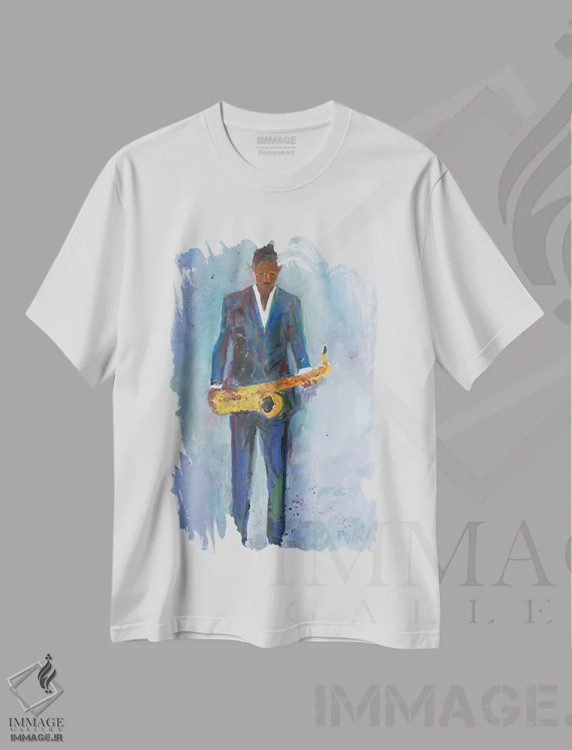 تیشرت سفید طرح دار ساکسیفون در لباس آبی، هنر آمریکایی آفریقایی تبار اثر ساموئل دیکسون | فروشگاه ایماژ