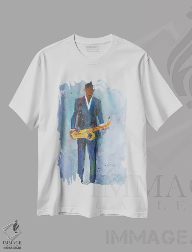 تیشرت سفید طرح دار ساکسیفون در لباس آبی، هنر آمریکایی آفریقایی تبار اثر ساموئل دیکسون | فروشگاه ایماژ