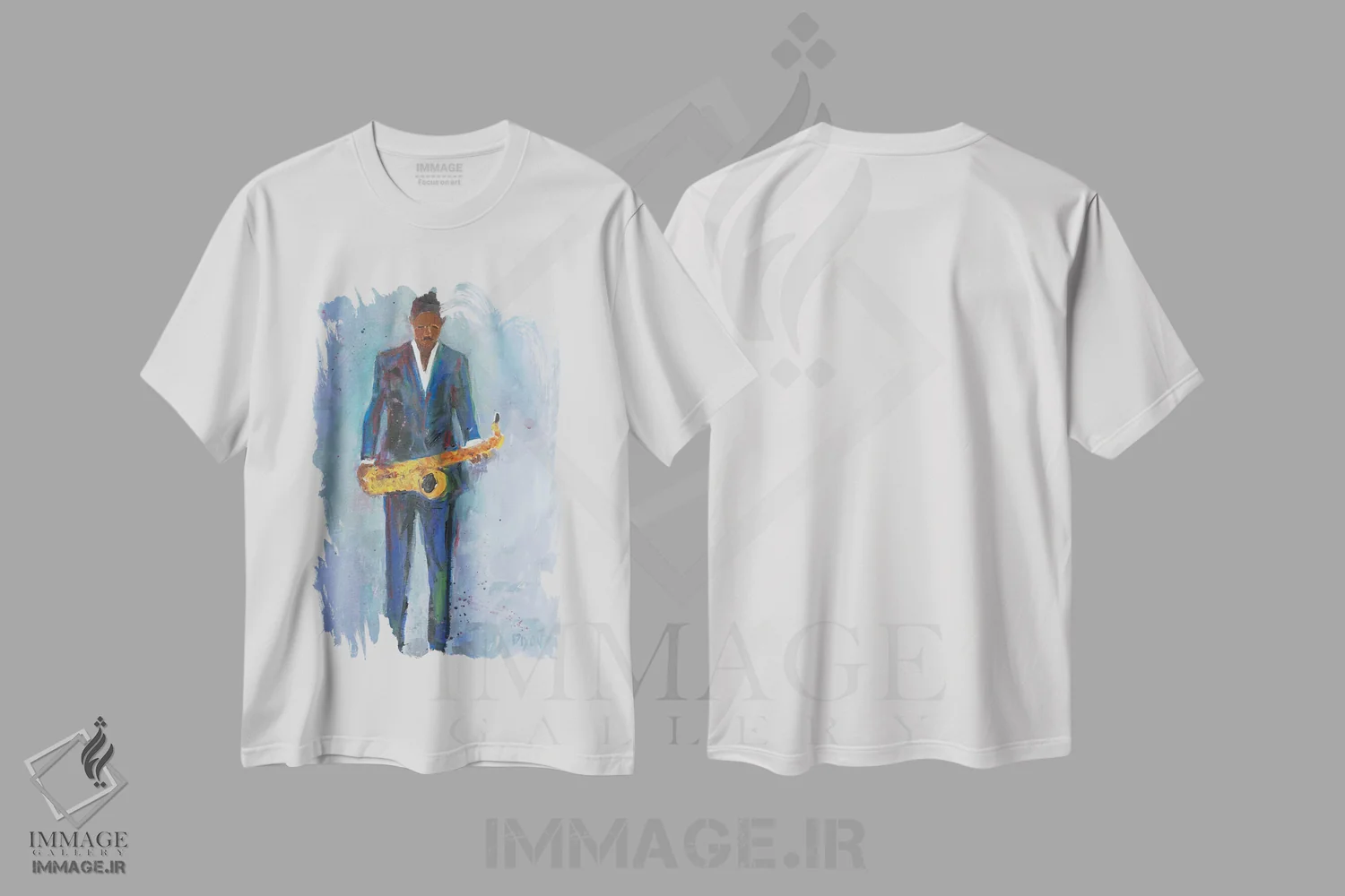 تیشرت سفید طرح دار ساکسیفون در لباس آبی، هنر آمریکایی آفریقایی تبار اثر ساموئل دیکسون | فروشگاه ایماژ