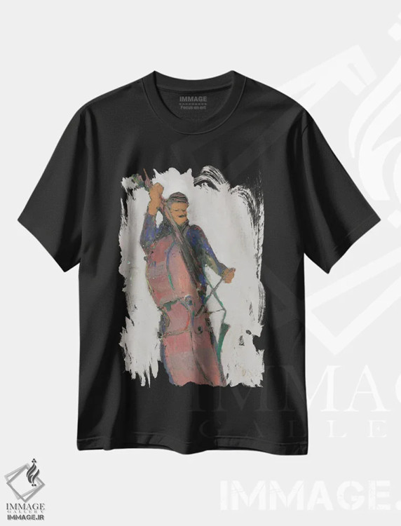 تیشرت مشکی طرح دار مرد پشت کنترباس، هنر فاخر معاصر اثر ساموئل دیکسون | فروشگاه ایماژ
