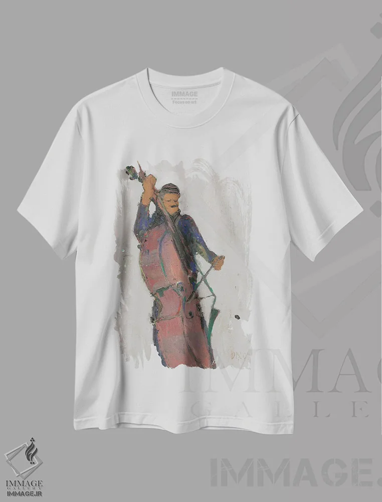 تیشرت سفید طرح دار مرد پشت کنترباس، هنر فاخر معاصر اثر ساموئل دیکسون | immage.ir