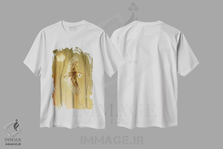 تیشرت سفید طرح دار جغد شب، دکور کلبه و لژ اثر دیوید جواکین | فروشگاه ایماژ