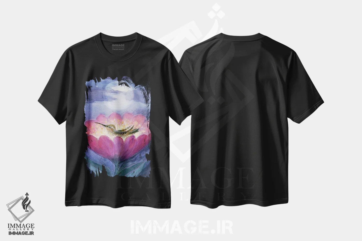 تیشرت مشکی طرح دار شکوفه ی شبانه، تزئینی اثر دیوید جواکین | فروشگاه ایماژ
