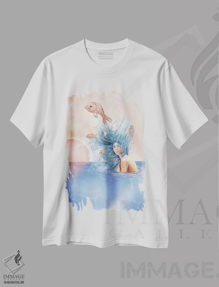 تیشرت سفید طرح دار ماهی سالمون، دکوراسیون جایگزین اثر دنیل جیمز اسمیت | فروشگاه ایماژ