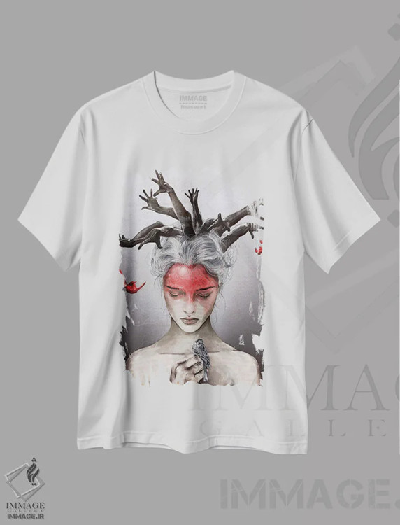 تیشرت سفید طرح دار دلواپسی، دکوراسیون جایگزین اثر دنیل جیمز اسمیت | فروشگاه ایماژ