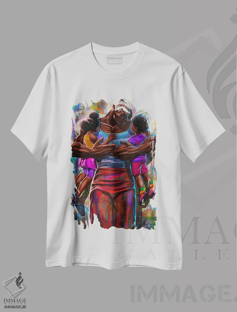 تیشرت سفید طرح دار آغوش پدر، هنر آمریکایی آفریقایی تبار اثر دیان جی | فروشگاه ایماژ