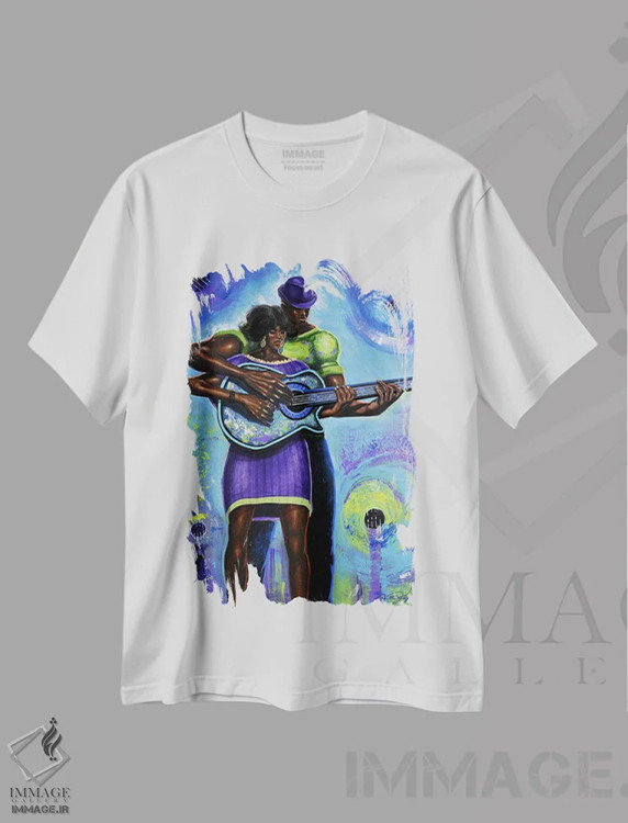تیشرت سفید طرح دار نواختن گیتار با قطعه یکسان، هنر آمریکایی آفریقایی تبار اثر دیان جی | فروشگاه ایماژ