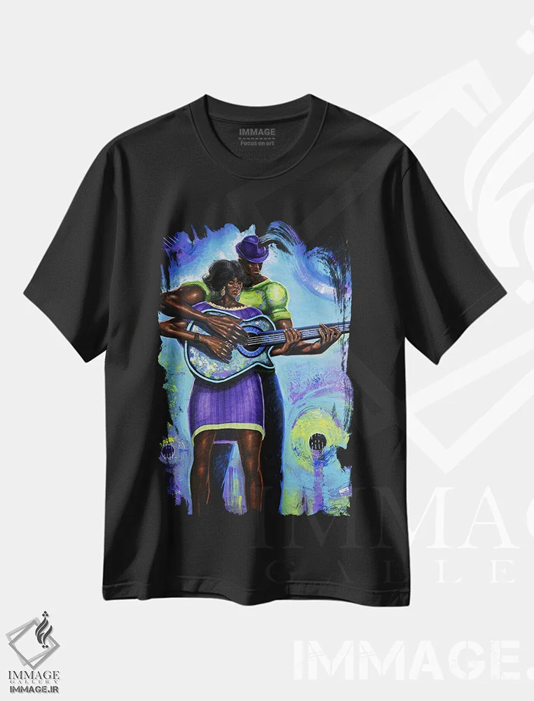 تیشرت مشکی طرح دار نواختن گیتار با قطعه یکسان، هنر آمریکایی آفریقایی تبار اثر دیان جی | immage.ir