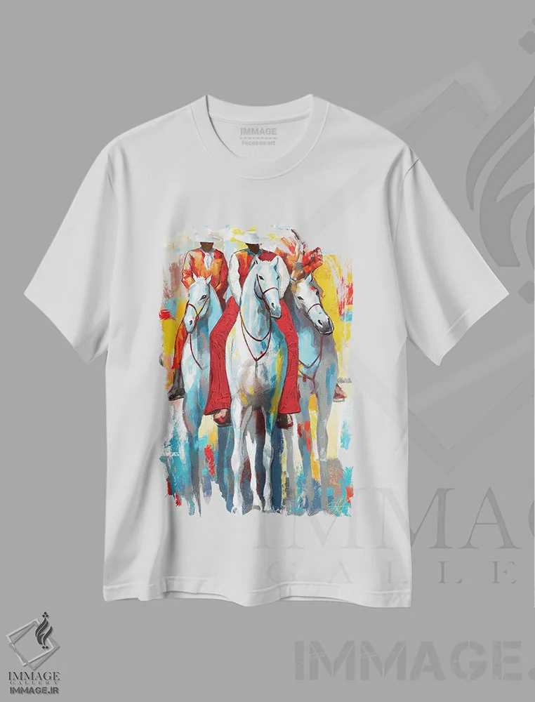 تیشرت سفید طرح دار سه سوارکار، هنر فاخر معاصر اثر دیان جی | فروشگاه ایماژ