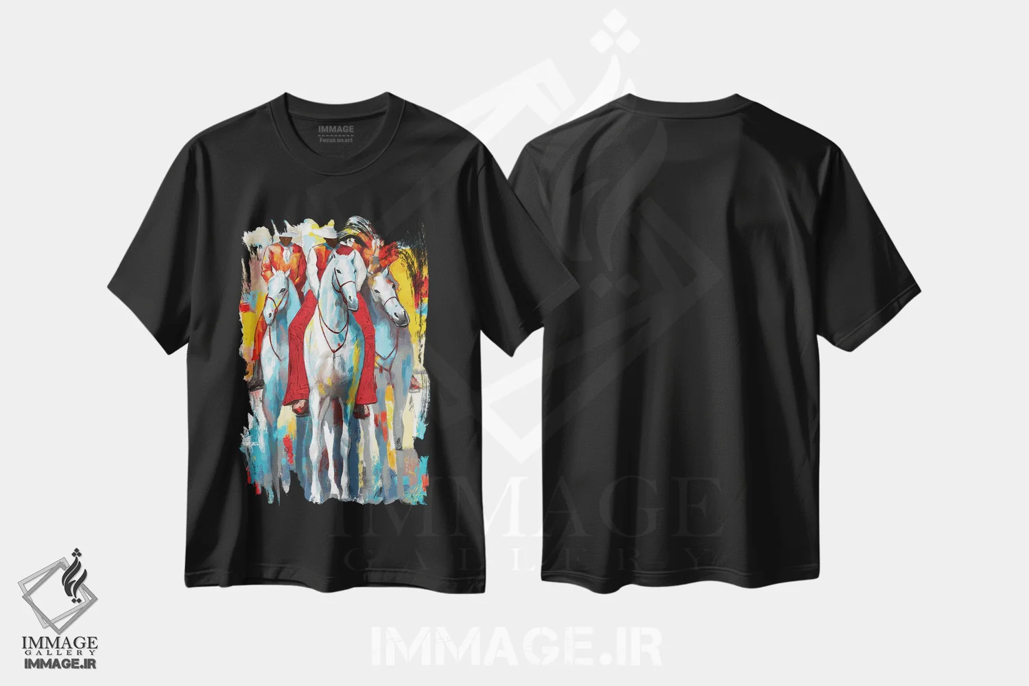 تیشرت مشکی طرح دار سه سوارکار، هنر فاخر معاصر اثر دیان جی | immage.ir