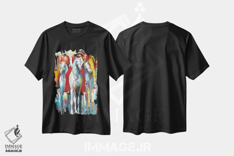 تیشرت مشکی طرح دار سه سوارکار، هنر فاخر معاصر اثر دیان جی | immage.ir