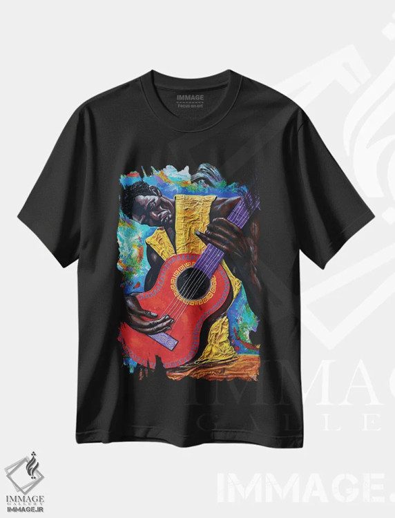 تیشرت مشکی طرح دار ریتم های گیتار، هنر آمریکایی آفریقایی تبار اثر دیان جی | فروشگاه ایماژ