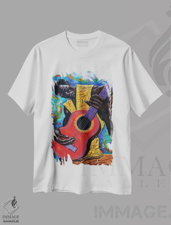 تیشرت سفید طرح دار ریتم های گیتار، هنر آمریکایی آفریقایی تبار اثر دیان جی | immage.ir