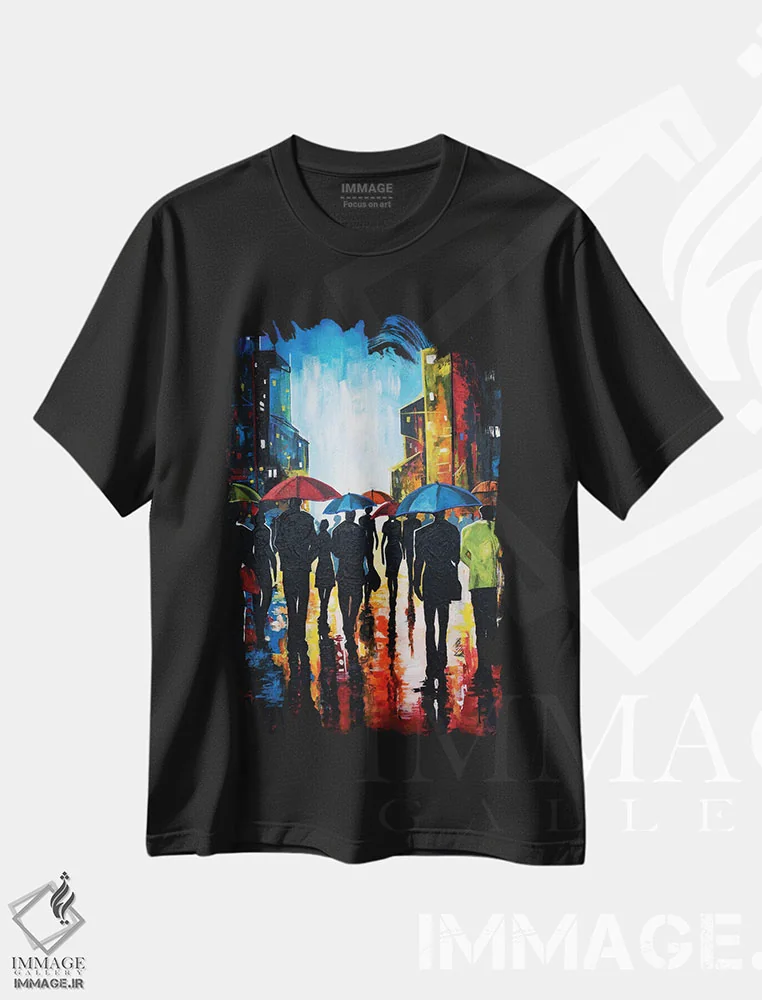 تیشرت مشکی طرح دار شب بارانی در شهر، هنر فاخر معاصر اثر دیان جی | immage.ir