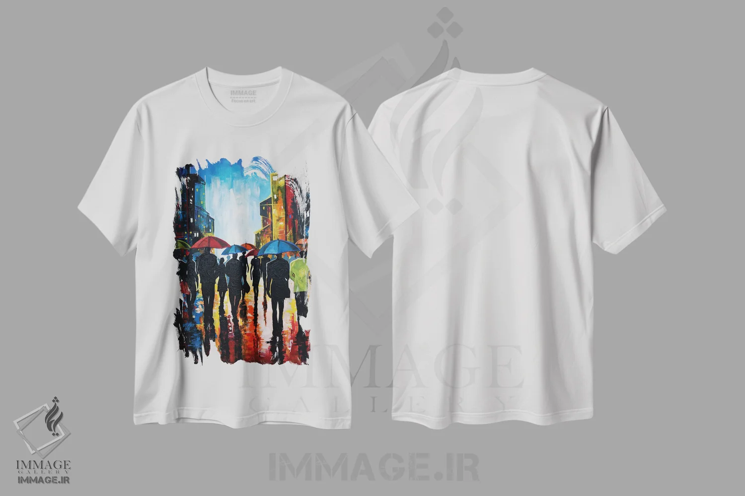 تیشرت سفید طرح دار شب بارانی در شهر، هنر فاخر معاصر اثر دیان جی | فروشگاه ایماژ