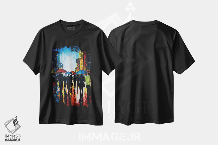 تیشرت مشکی طرح دار شب بارانی در شهر، هنر فاخر معاصر اثر دیان جی | immage.ir