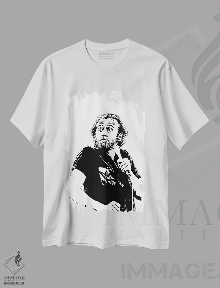 تیشرت سفید طرح دار جرج کارلین، هنر تزئینی سیاه و سفید اثر دراپ کیک آرت | immage.ir