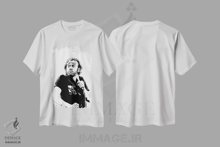 تیشرت سفید طرح دار جرج کارلین، هنر تزئینی سیاه و سفید اثر دراپ کیک آرت | immage.ir
