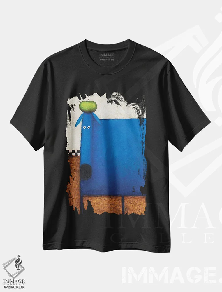 تیشرت مشکی طرح دار سگ آبی با سیب، هنر فاخر معاصر اثر دنیل پاتریک کس لر | فروشگاه ایماژ