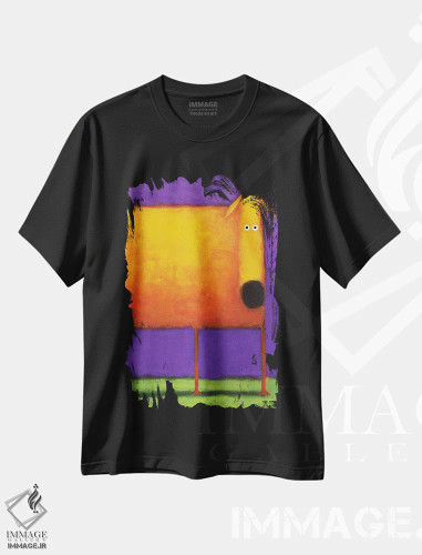 تیشرت مشکی طرح دار سگ نارنجی یک، هنر فاخر معاصر اثر دنیل پاتریک کس لر | فروشگاه ایماژ