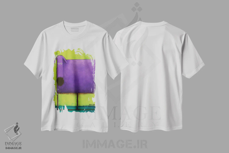 تیشرت سفید طرح دار سگ بنفش یک، هنر فاخر معاصر اثر دنیل پاتریک کس لر | فروشگاه ایماژ